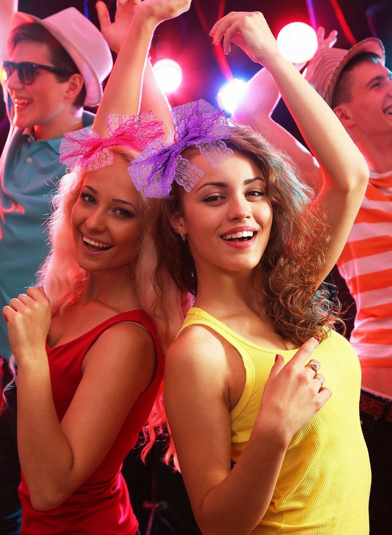 Excefore 4 Pcs Theme Party Costume Accessories, No Headache Neon Lace Bow Headbands, Ideal for Retro Parties an Dress-Up - Image 3