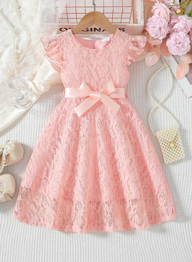 Take Two Take Two Lace Ruffled Sleeve Bow Detail Knee Length Dress