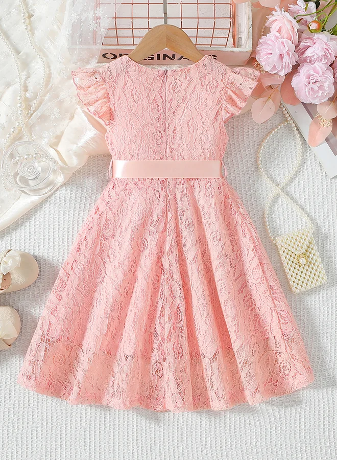 Take Two Take Two Lace Ruffled Sleeve Bow Detail Knee Length Dress