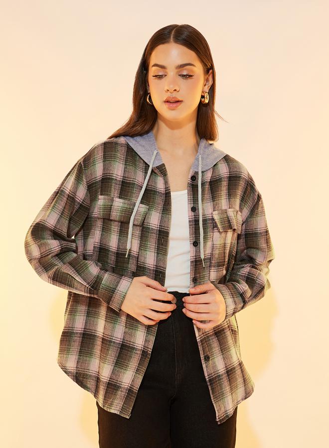 Take Two Plaid Pattern Front Pocket Hooded Jacket - Image 1