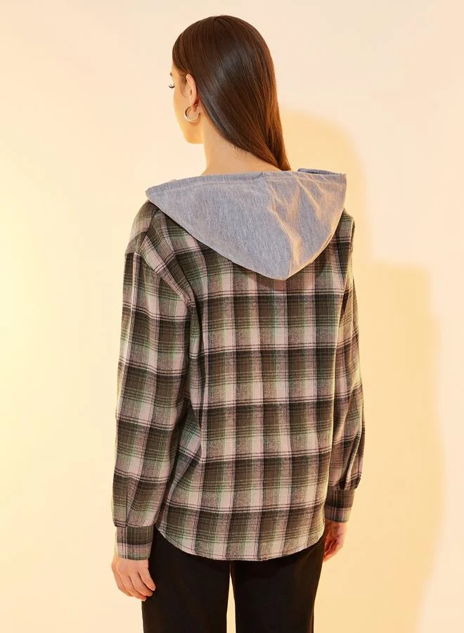 Take Two Plaid Pattern Front Pocket Hooded Jacket