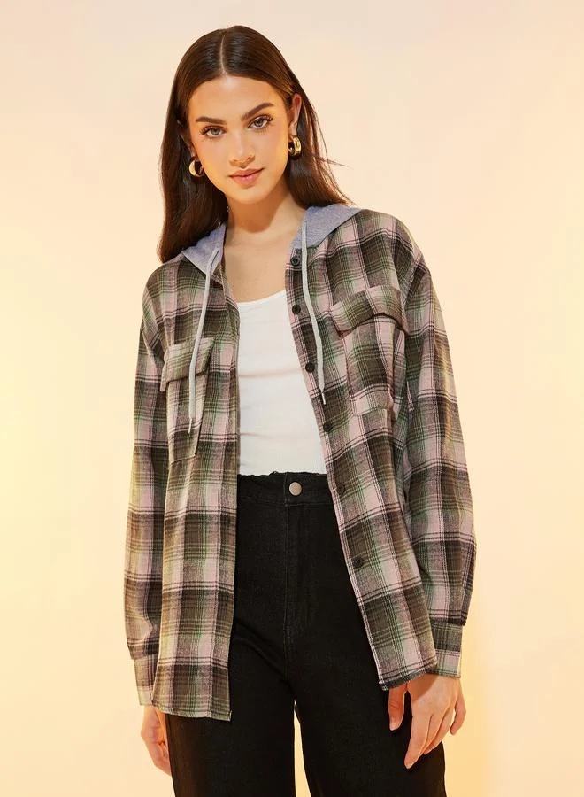 Take Two Plaid Pattern Front Pocket Hooded Jacket
