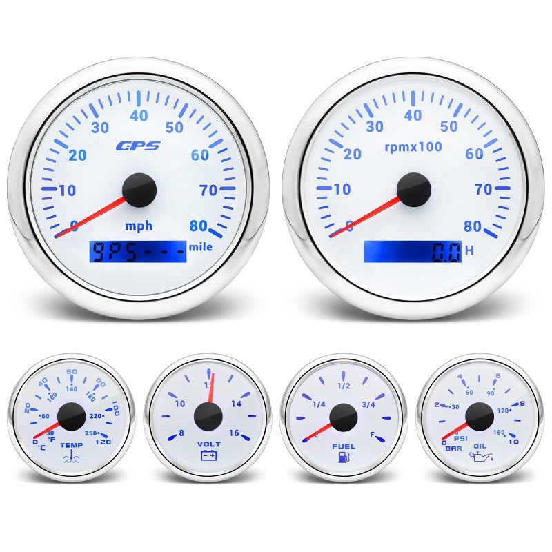 ARTILAURA 6 Gauge SetGPS Speedometer Tachometer Fuel Level Water Temperature Oil Pressure Voltage 7 Color Backlight Boat Gauges Set Marine Car White