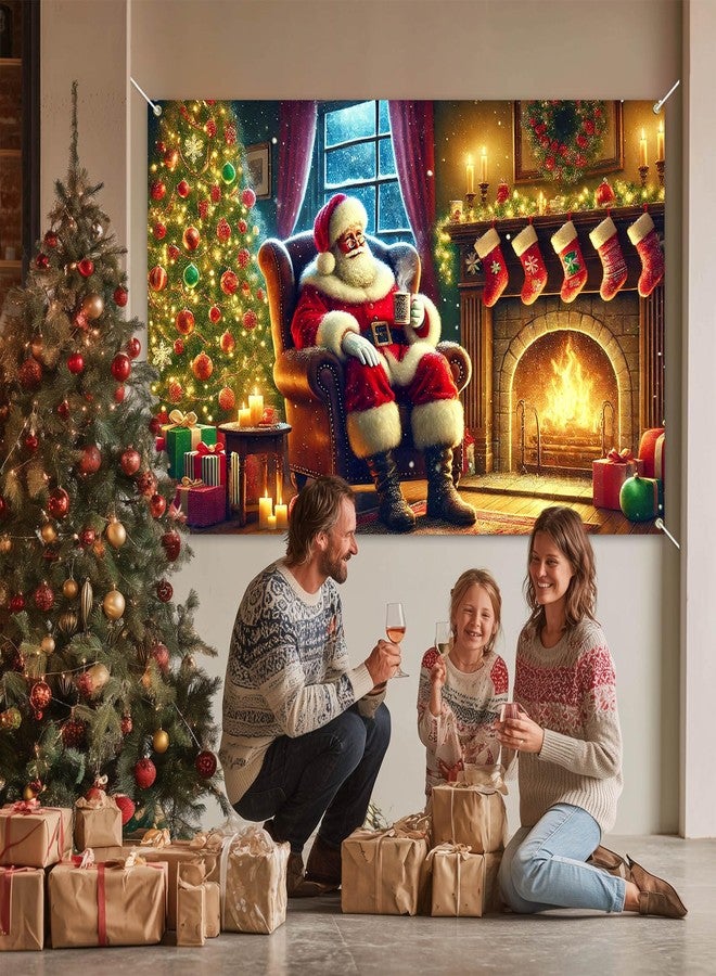 BlissYard Christmas Banner Santa Claus Fireplace Tree Holiday Wall Decoration Warm Cozy Living Room Scene Background Indoor Outdoor Party Decor for Home 71 X 43 Inches - Image 2