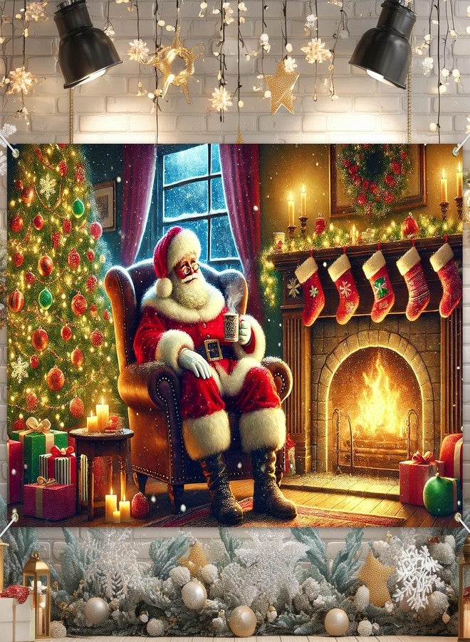 BlissYard Christmas Banner Santa Claus Fireplace Tree Holiday Wall Decoration Warm Cozy Living Room Scene Background Indoor Outdoor Party Decor for Home 71 X 43 Inches - Image 1
