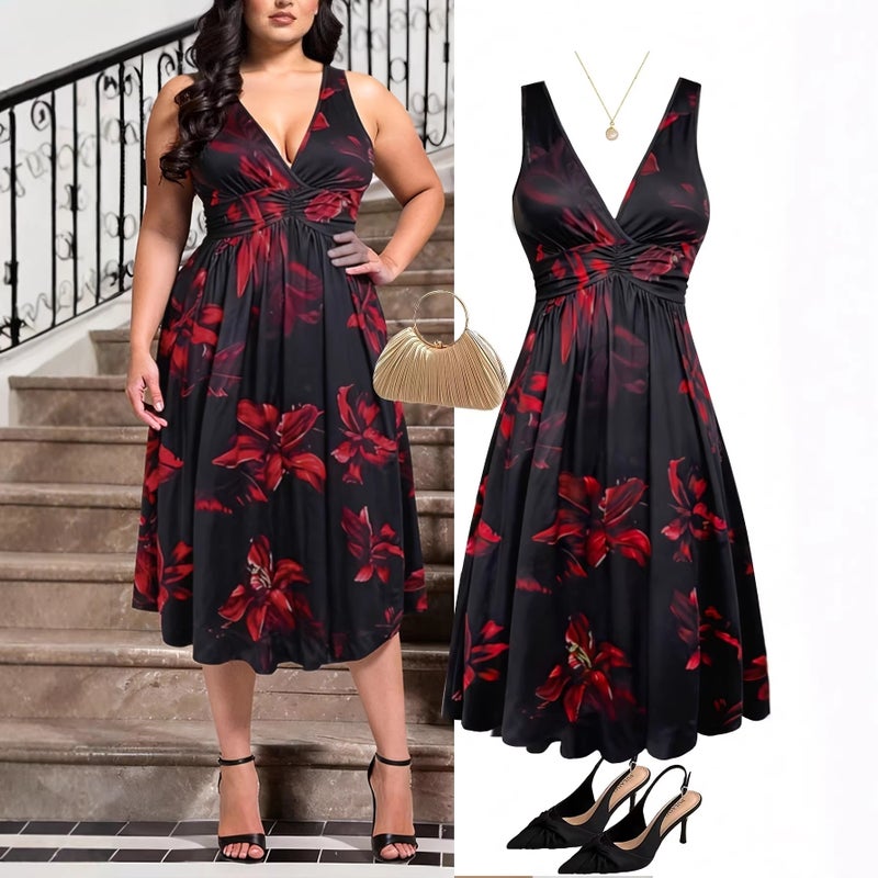Plus Size Women's Elegant Bohemian Print V-Neck Waist Shirred Knit Dress - Image 4