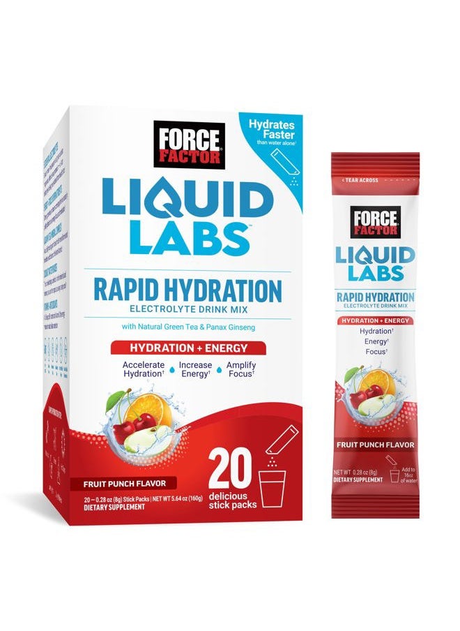 Force Factor FORCE FACTOR Liquid Labs Energy Drink, Electrolytes Powder, Hydration Packets to Boost Energy & Focus, 5 Essential Electrolytes, Vitamins, Minerals, & Antioxidants, Fruit Punch Flavor, 20 Stick Packs  - Image 1