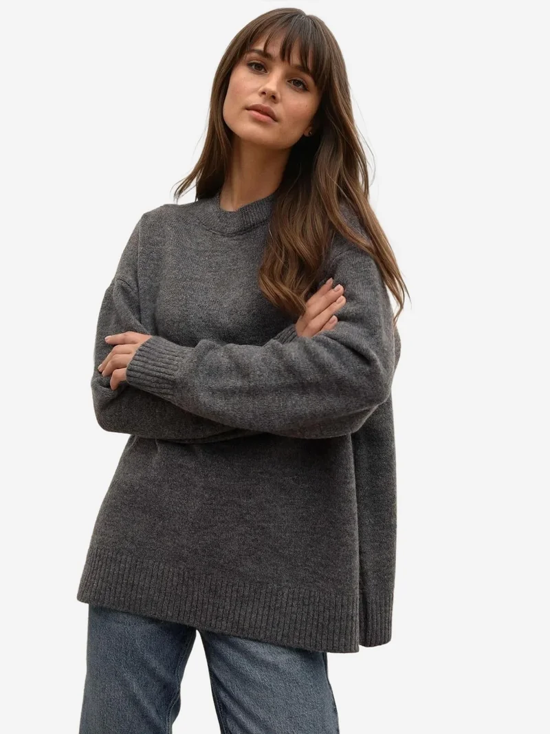 زوبعة كنزة صوفية مريحة بياقة دائرية