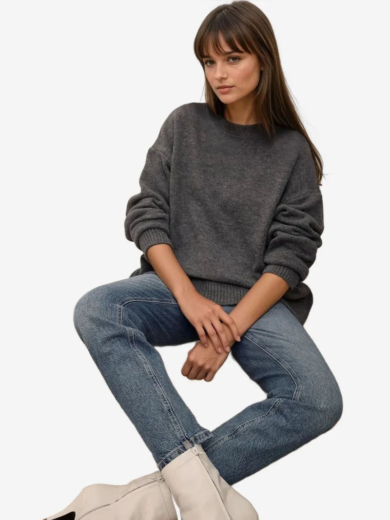 زوبعة كنزة صوفية مريحة بياقة دائرية