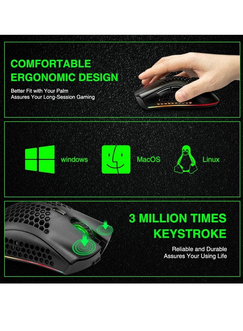 BENGOO KM-1 Rechargeable Wireless Mouse Gaming , RGB Lighting , Optical 3,200 DPI , Lightweight Honeycomb Shell, 6 Buttons, USB Receiver for PC Mac | Black