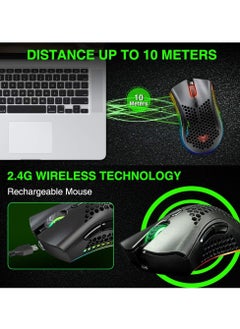 BENGOO BENGOO KM-1 Rechargeable Wireless Mouse Gaming , RGB Lighting , Optical 3,200 DPI , Lightweight Honeycomb Shell, 6 Buttons, USB Receiver for PC Mac | Black  - Image 3