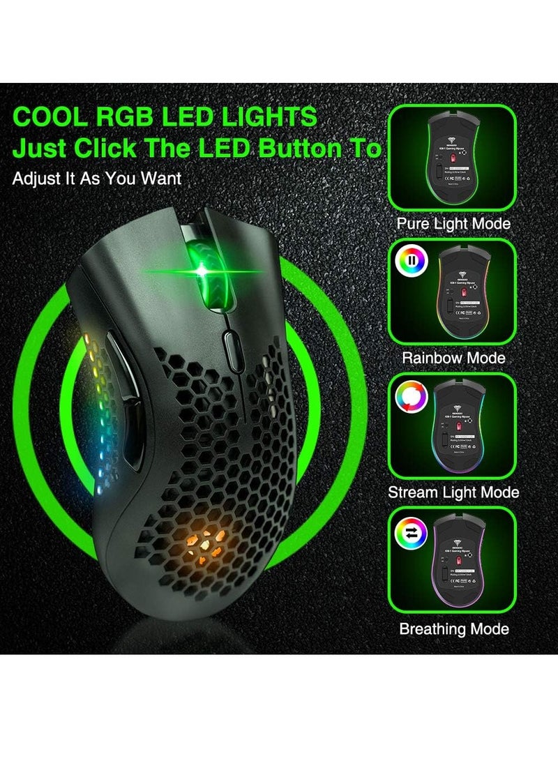 BENGOO KM-1 Rechargeable Wireless Mouse Gaming , RGB Lighting , Optical 3,200 DPI , Lightweight Honeycomb Shell, 6 Buttons, USB Receiver for PC Mac | Black