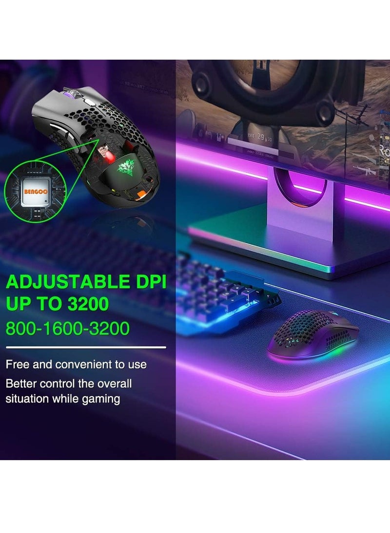 BENGOO KM-1 Rechargeable Wireless Mouse Gaming , RGB Lighting , Optical 3,200 DPI , Lightweight Honeycomb Shell, 6 Buttons, USB Receiver for PC Mac | Black