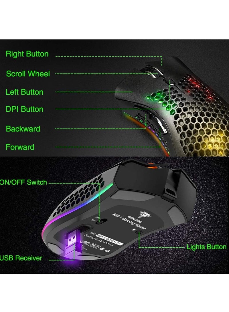 BENGOO KM-1 Rechargeable Wireless Mouse Gaming , RGB Lighting , Optical 3,200 DPI , Lightweight Honeycomb Shell, 6 Buttons, USB Receiver for PC Mac | Black