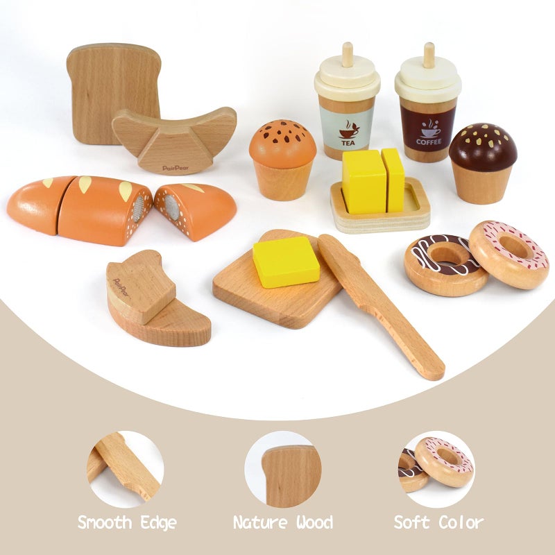 PairPear Wooden Bakery Play Food Set, Pretend Play Kitchen Accessories with Shopping Bag, Kids Cutting Food Gift for Boys and Girls Ages 3+ - Image 4