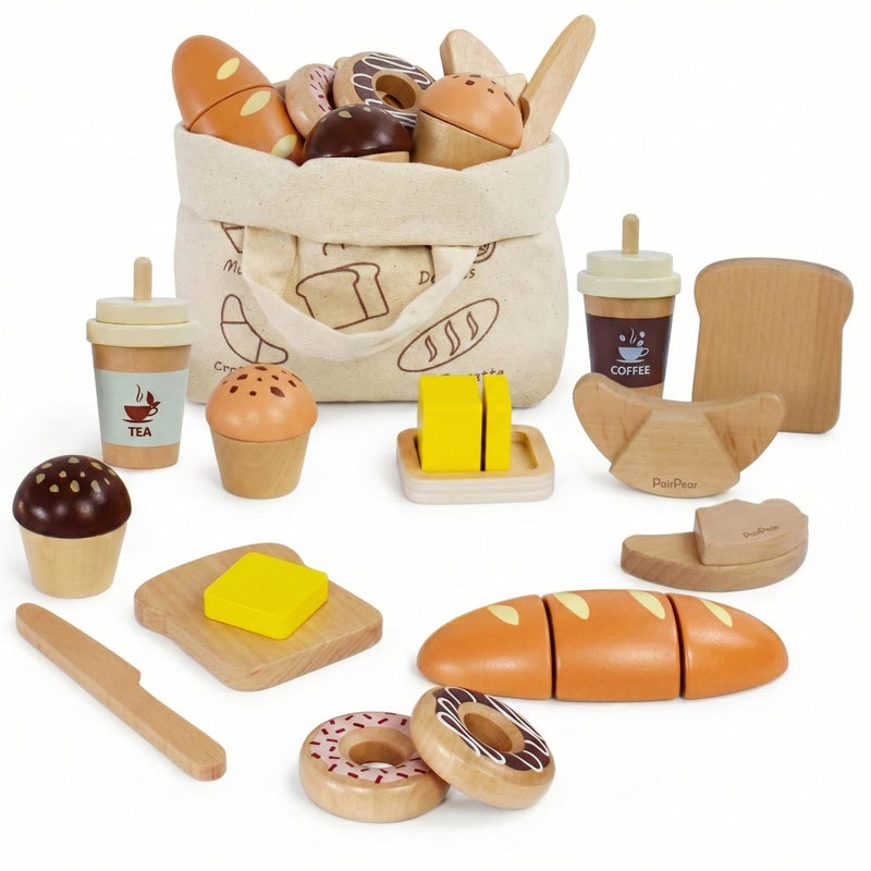 PairPear Wooden Bakery Play Food Set, Pretend Play Kitchen Accessories with Shopping Bag, Kids Cutting Food Gift for Boys and Girls Ages 3+ - Image 1