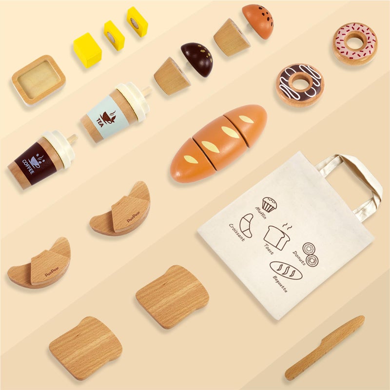 PairPear Wooden Bakery Play Food Set, Pretend Play Kitchen Accessories with Shopping Bag, Kids Cutting Food Gift for Boys and Girls Ages 3+ - Image 5