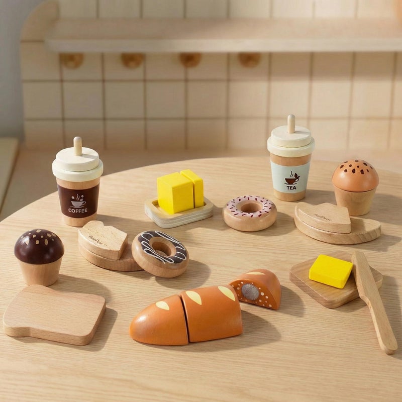 PairPear Wooden Bakery Play Food Set, Pretend Play Kitchen Accessories with Shopping Bag, Kids Cutting Food Gift for Boys and Girls Ages 3+ - Image 2