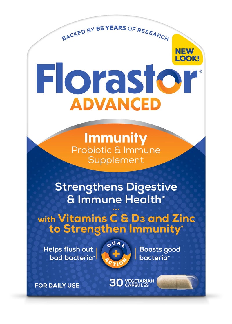 Florastor Select Immunity Boost Daily Probiotic Immune Support Supplement for Women and Men Saccharomyces Boulardii CNCM I745 Plus Zinc Vitamin C D3 30 Capsules