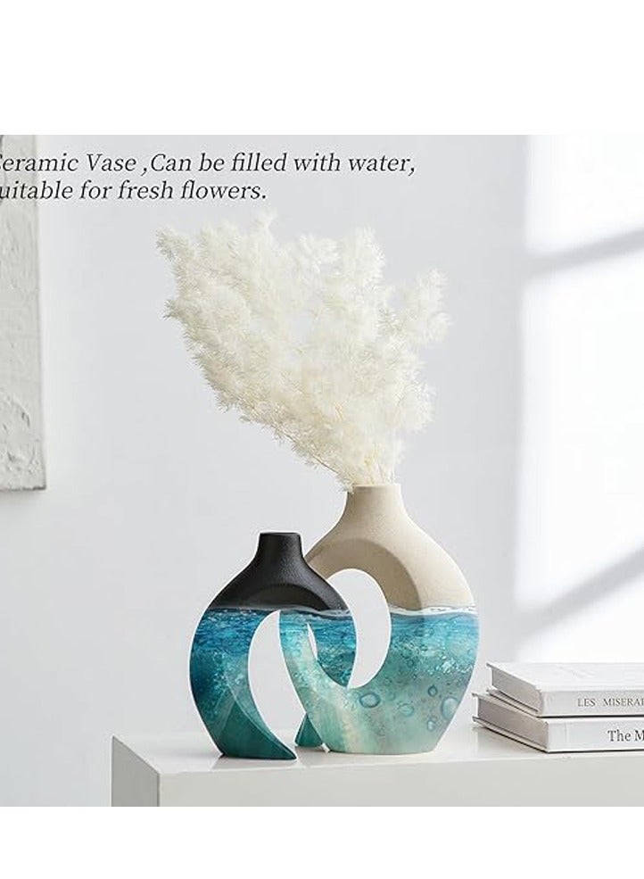 كلور زون بوتري مزهرية من الفخار لديكور حفلات الزفاف: مجموعة من 2 مزهرية زهور سوداء وبيضاء مجوفة للزهور، ديكور - Image 2