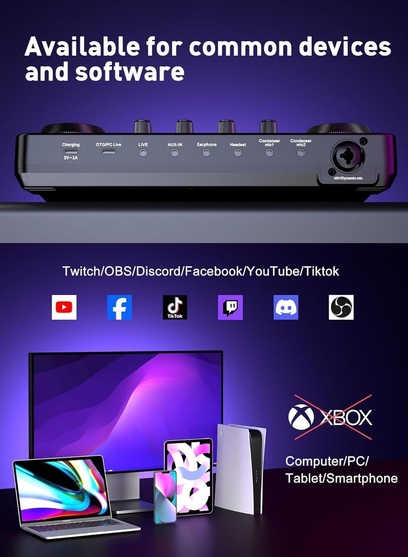 Professional Audio Mixer, SINWE Live Sound Card and Audio Interface with DJ Mixer Effects and Voice Changer,Podcast Production Studio Equipment, Prefect for Streaming/Podcasting/Gaming  - Image 3