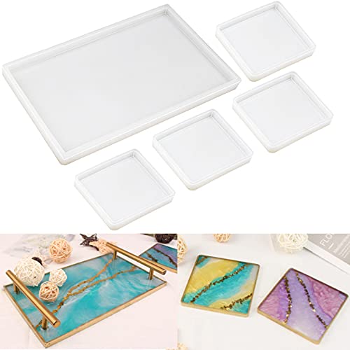 RESINWORLD Resin Tray Mold, 1Pc Thick Rectangle Tray Mold with 4 Pack Square Coaster Molds, Shiny Flat Edge Coaster Tray Silicone Mold for Resin Casting - Image 1