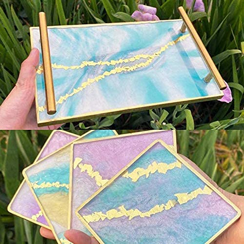 RESINWORLD Resin Tray Mold, 1Pc Thick Rectangle Tray Mold with 4 Pack Square Coaster Molds, Shiny Flat Edge Coaster Tray Silicone Mold for Resin Casting - Image 5