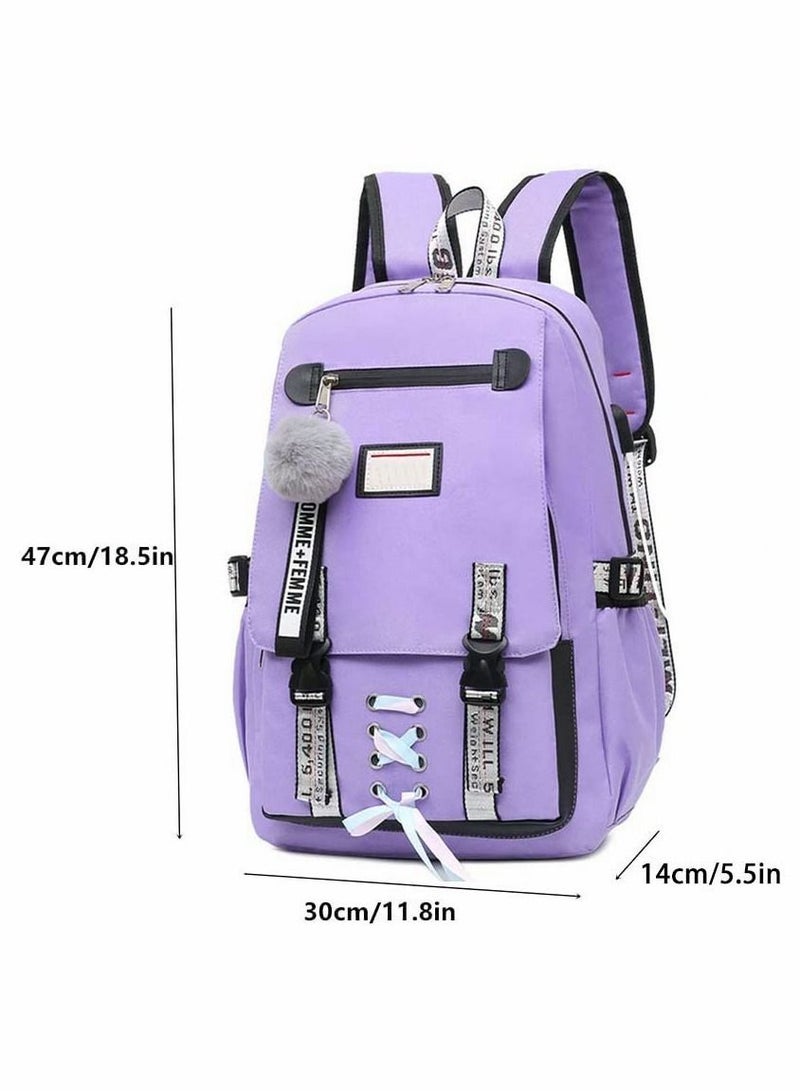 Girls Backpack Teen Rucksack Large Capacity Female College Student Locked Schoolbag Anti-Theft Backpack with USB Charging Port (Purple)  - Image 3