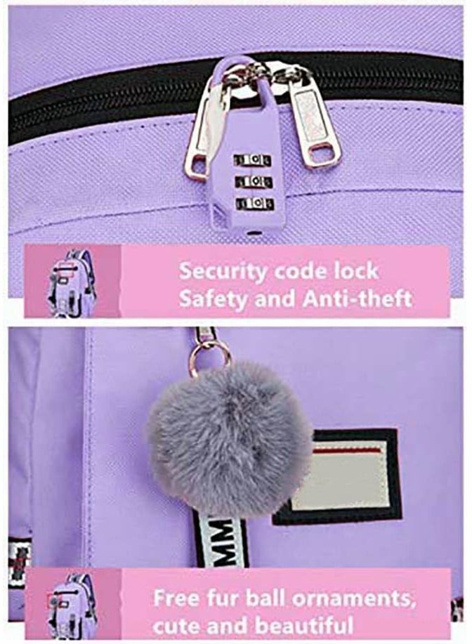 Girls Backpack Teen Rucksack Large Capacity Female College Student Locked Schoolbag Anti-Theft Backpack with USB Charging Port (Purple)  - Image 5
