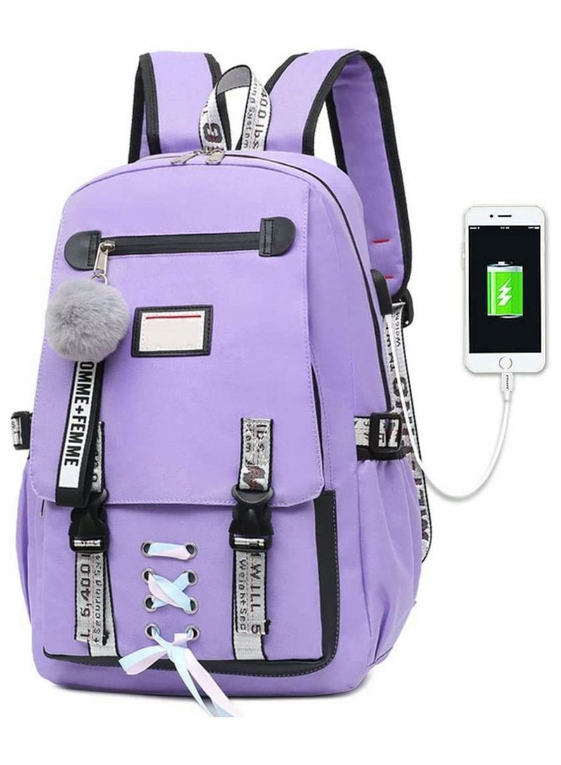 Girls Backpack Teen Rucksack Large Capacity Female College Student Locked Schoolbag Anti-Theft Backpack with USB Charging Port (Purple)  - Image 1