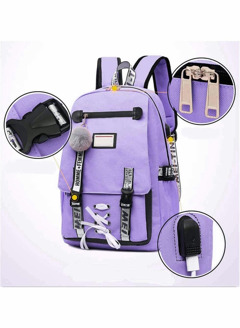 Girls Backpack Teen Rucksack Large Capacity Female College Student Locked Schoolbag Anti-Theft Backpack with USB Charging Port (Purple)  - Image 4