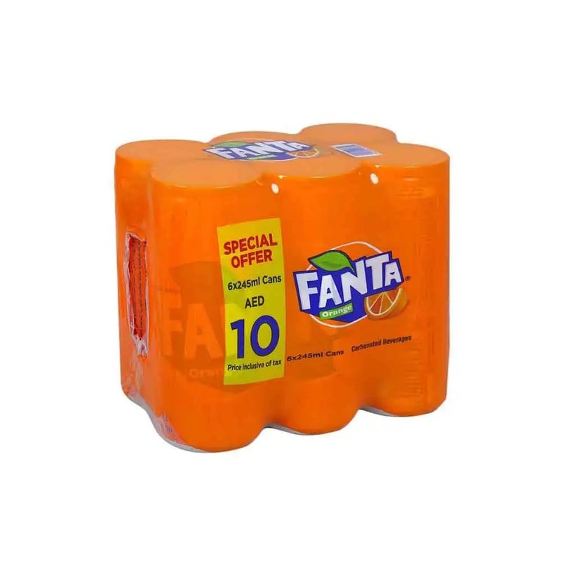 Fanta Orange Carbonated Beverages Drink, Soft Drink Can Orange Flavor, 6 X 245 ml