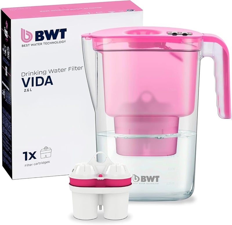 بي دبليو تي جرة تصفية المياه BWT Vida وردي سعة 2.6 لتر، مزودة بفلتر ومؤقت يدوي. - Image 1