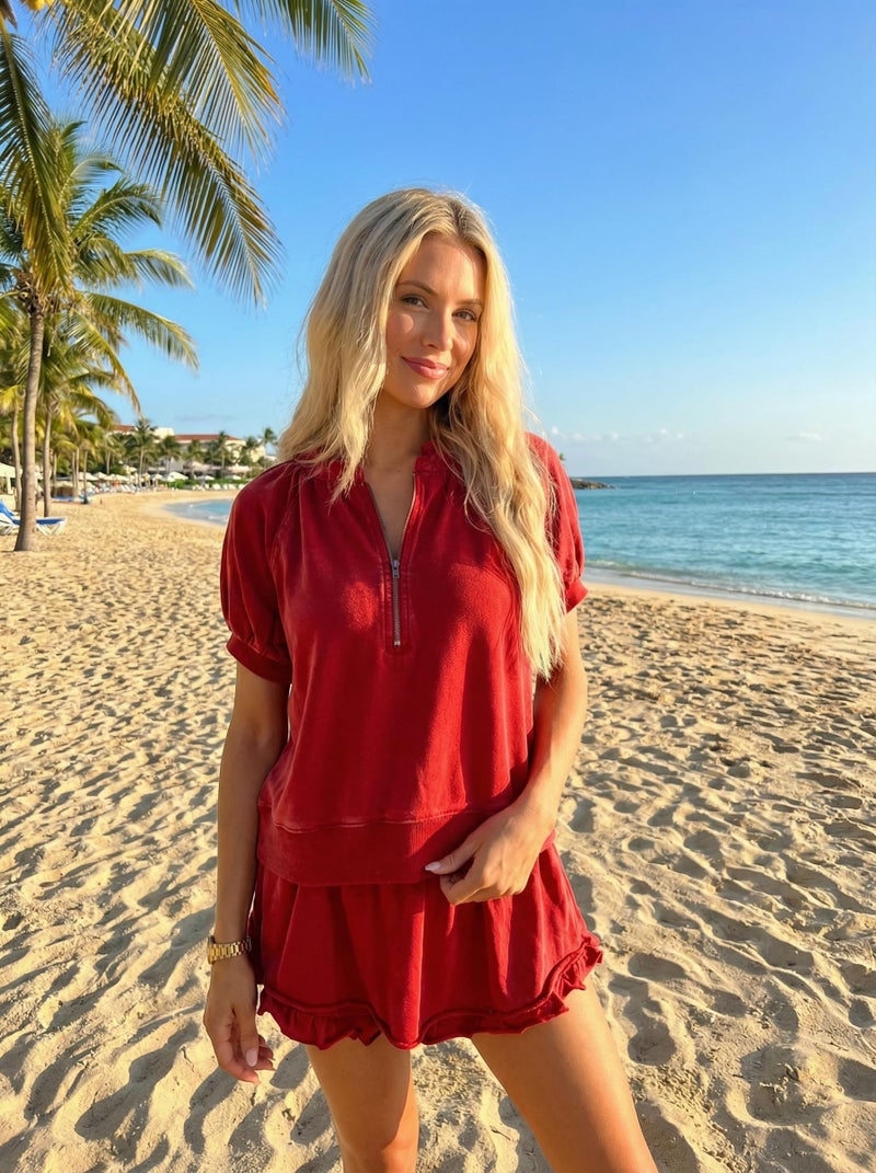 KevaMolly Women's 2 Piece Lounge Sets Casual Half Zip Puff Sleeve Top and Ruffled Shorts Outfits Red S - Image 2