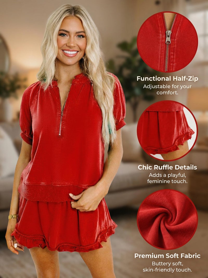 KevaMolly Women's 2 Piece Lounge Sets Casual Half Zip Puff Sleeve Top and Ruffled Shorts Outfits Red S - Image 3
