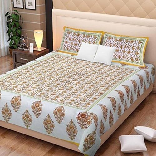 ART WORLD King Size Double Bed Sheet with Pillow Covers Pure Cotton Rajasthani Jaipuri Traditional Printed Bedcover (Yellow, King) - Image 1