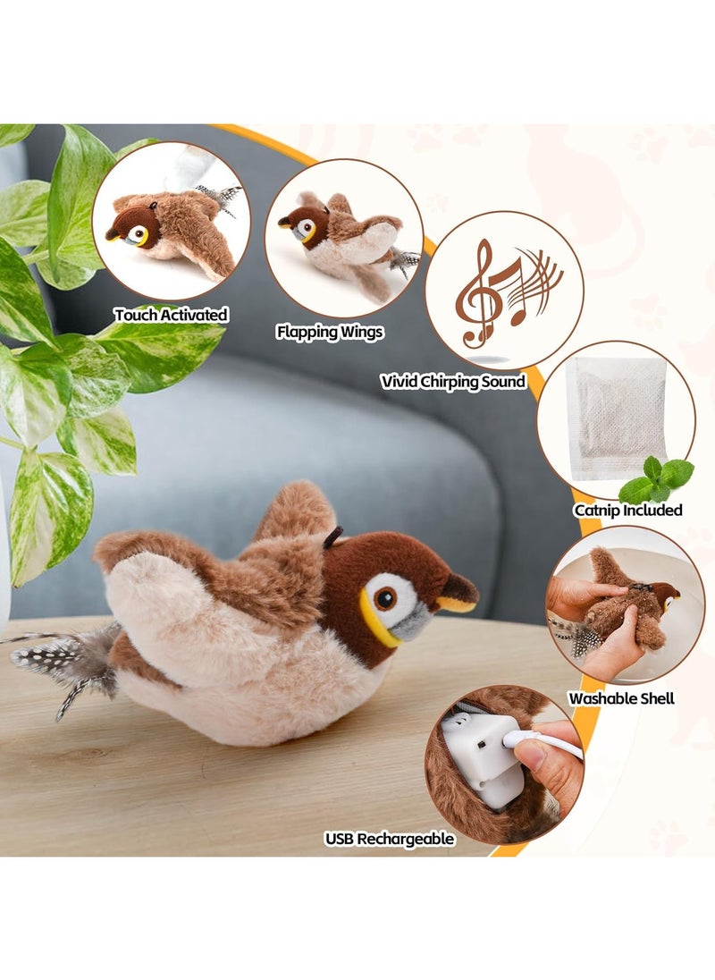 Interactive cat toy, rechargeable chirping flapping bird (not flying) with catnip for indoor cats, touch activated, plush kitten exercise toy