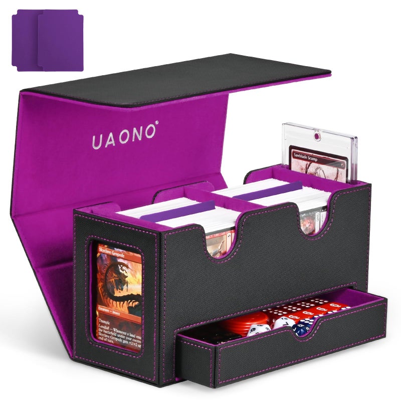 UAONO Card Deck Box for MTG Double Card Storage Box with 2 Commander Display 1 Dice Tray Fits 200 Double Sleeved Cards Organizer for CCG TCG Sports Cards Black Purple - Image 2