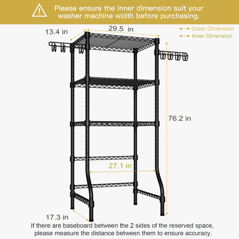 Ulif U8 Mini Laundry Room Storage Organizer, Over the Washer and Dryer Storage Shelves for Laundry Organization, 29.5â€W x 17.3â€D x 76.2â€H, Suit Washing Machine Width within 27.1â€, Hold 304 lb, Black - Image 3