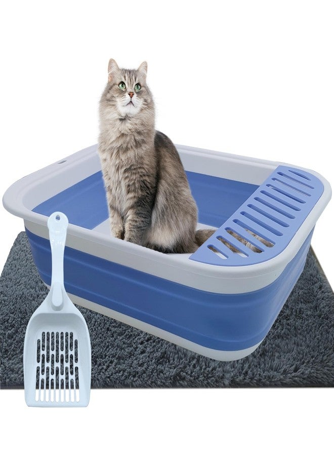 MUYG Collapsible Small Cat Litter Box,Open Top Cats Litter Pan with Scoop Foldable Shallow Kitten Potty Toilet Waterproof Cat Travel Litterbox Anti-Splashing Low Entry Semi-Enclosed Easy Clean(Blue) - Image 1
