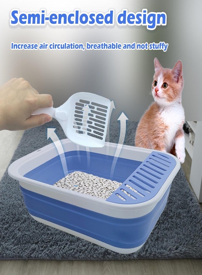 MUYG Collapsible Small Cat Litter Box,Open Top Cats Litter Pan with Scoop Foldable Shallow Kitten Potty Toilet Waterproof Cat Travel Litterbox Anti-Splashing Low Entry Semi-Enclosed Easy Clean(Blue) - Image 4