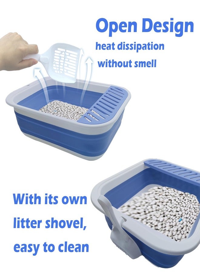MUYG Collapsible Small Cat Litter Box,Open Top Cats Litter Pan with Scoop Foldable Shallow Kitten Potty Toilet Waterproof Cat Travel Litterbox Anti-Splashing Low Entry Semi-Enclosed Easy Clean(Blue) - Image 3