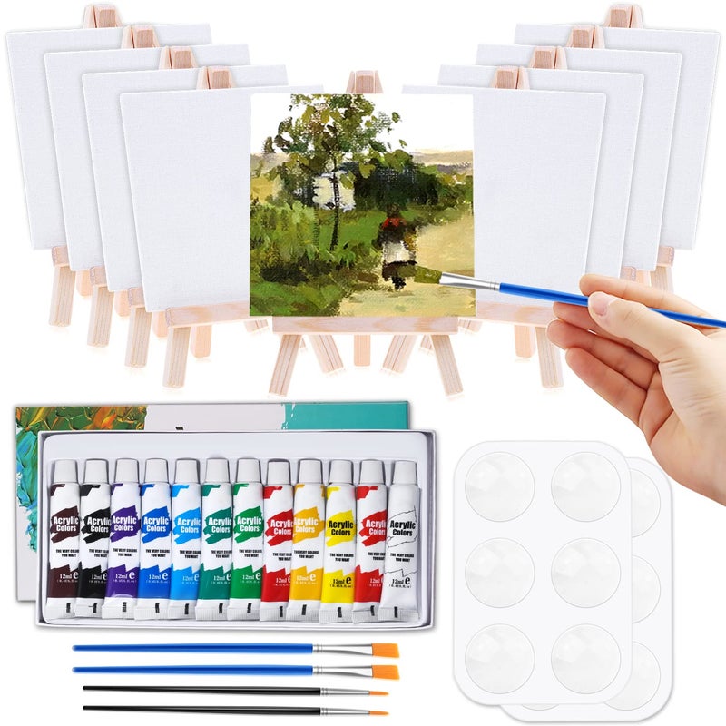 Mini Canvas and Easel Cridoz 47 Pieces Mini Canvas Painting Set Includes 4x4 Inches Primed Canvas Mini Easel Acrylic Paint Paintbrushes and Palette for Kids Artists Art Party