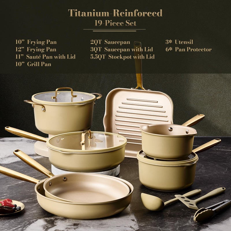 CAROTE 19Pcs Pots and Pans Set, Non Stick Induction Cookware Sets with Durable Cast Steel Handle, Oven-Safe Pots and Pans with Cooking Utensils, PFOS/PFOA Free, Dishwasher Safe, Aluminum - Image 2