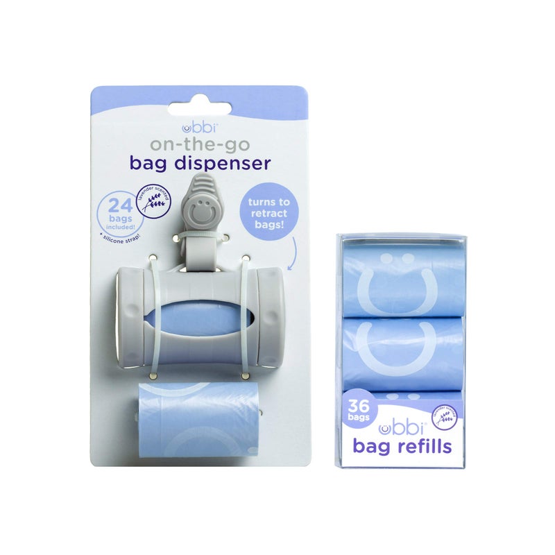 Ubbi On-the-Go Gray Bag Dispenser and Waste Disposal Bags Refill, 60 Lavender Scented Diaper Bags, Baby Savings Bundle, New Parent Gift - Image 3