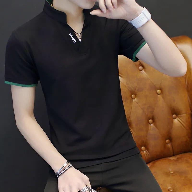 Short Shaft Mens Short Sleeve T-Shirt V-Neck Summer Body Blood Shirt Grey - Image 3
