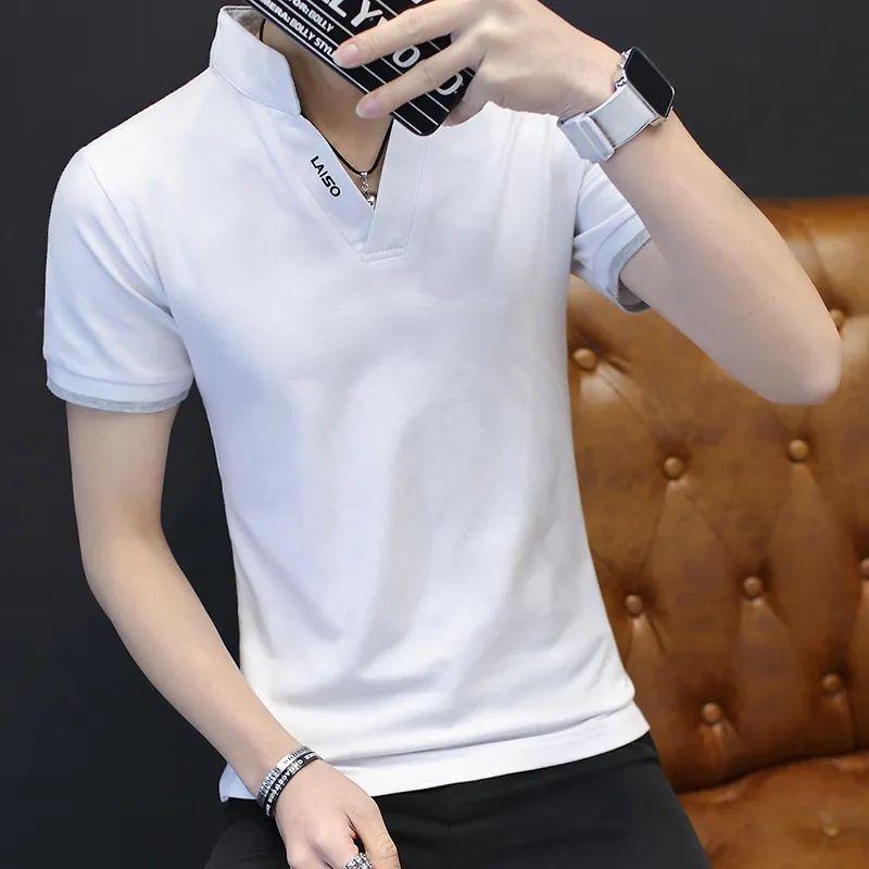 Short Shaft Mens Short Sleeve T-Shirt V-Neck Summer Body Blood Shirt Grey - Image 2