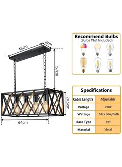 HUA QIANG WANG Rectangular 4-Head Kitchen Island Chandelier,Modern Industrial Pendant Light,Vintage Black Ceiling Lighting Fixture for Living Room Dining Room Bedroom Foyer  - Image 5