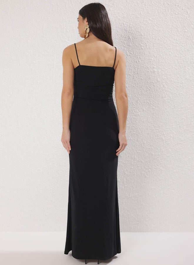 trendyol Black Fitted Knitted Maxi Evening Dress & Graduation Dress with Accessory Detail - Image 4