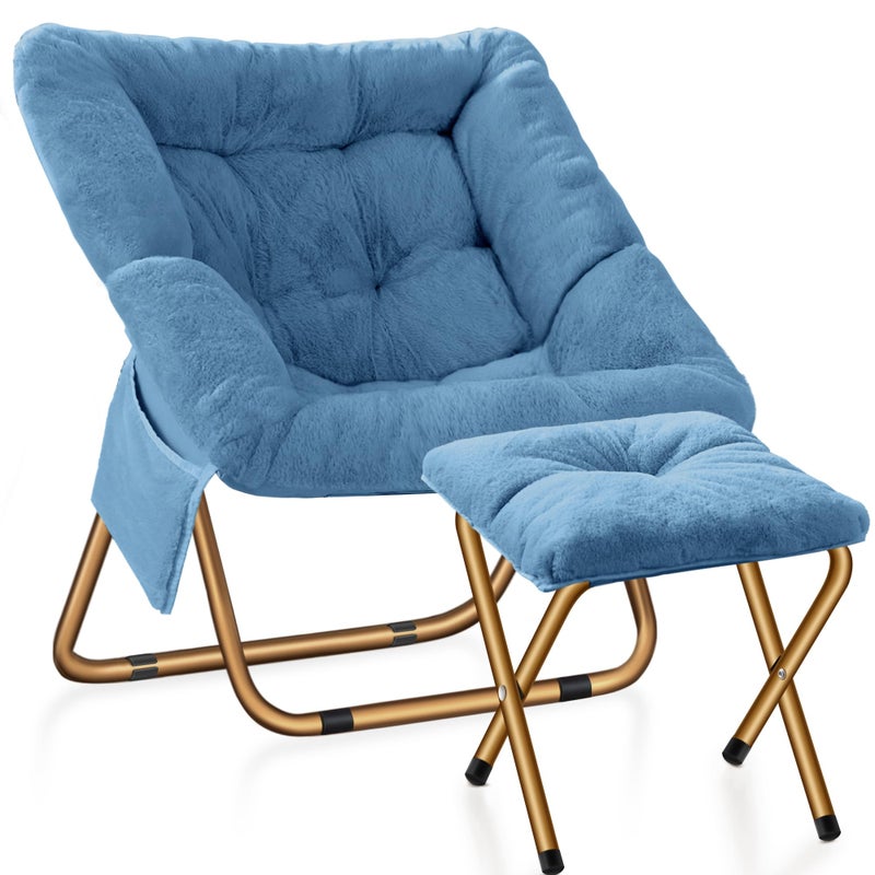 Kasunpul Comfy Saucer Chair Foldable Living Room Chairs Soft Faux Fur Lounge Chair for Bedroom Reading Chairs for Adults Teens XLarge Blue